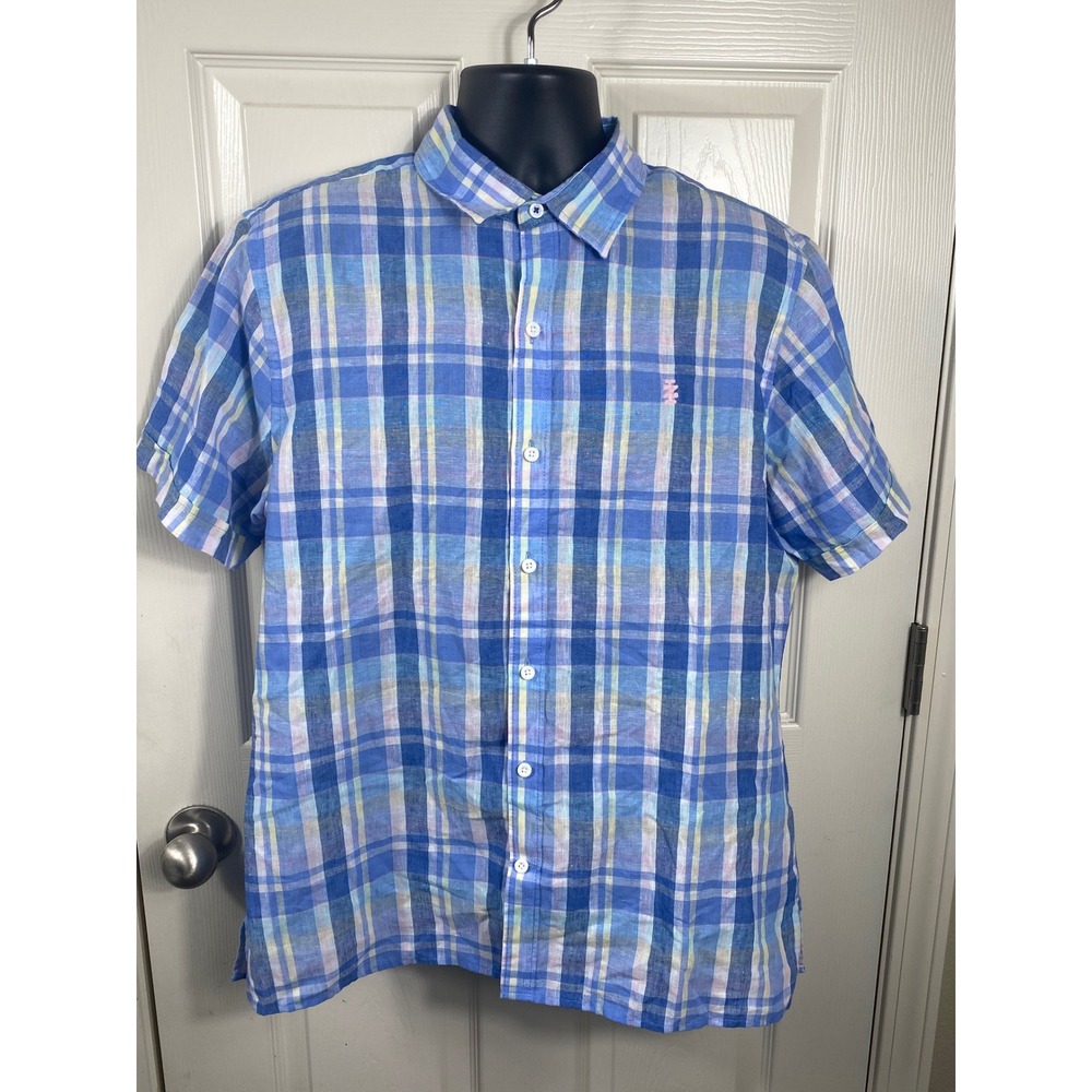 IZOD Plaid‎ Linen Blend Button Up Short Sleeve Casual Shirt, Large